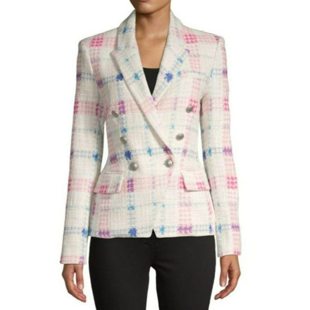 L'AGENCE Pink & Blue Plaid Tweed Double-Breasted Blazer